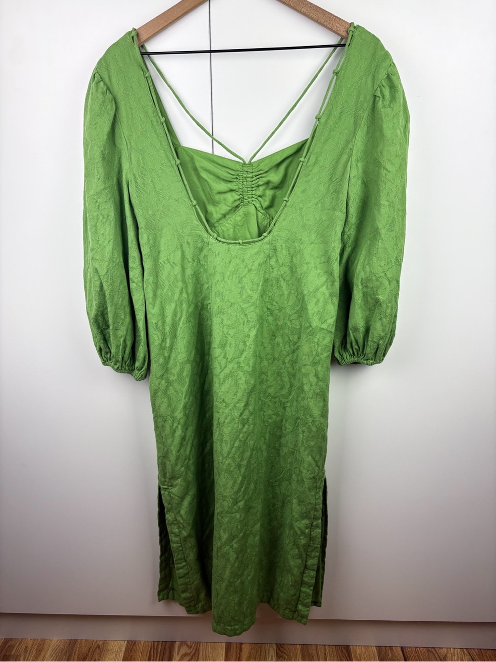Anthropologie Maeve Low Back Midi Dress Green Size 4 Floral Puff Sleeve Cotton - Picture 7 of 7